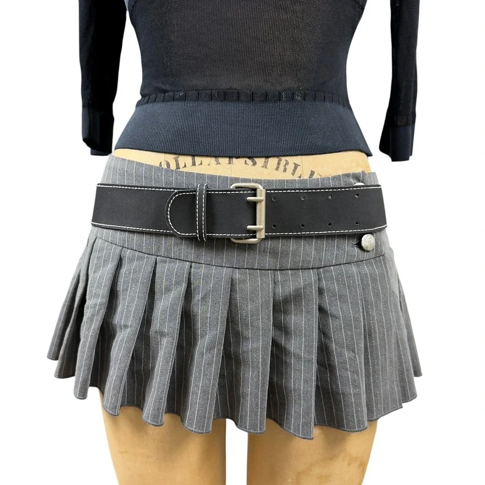 Y2K Black Grunge Contrast Stitch Wide Belt Double Prong Buckle OS